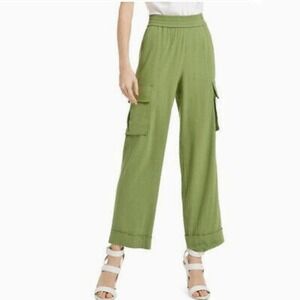Alice + Olivia Alex Cargo Pants Wide Leg Rolled Linen Blend Sage Green Sz Small